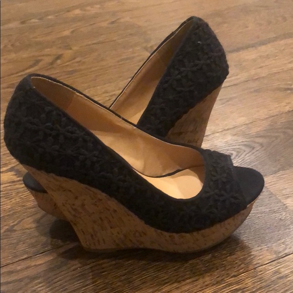 Black crochet peep toe cork wedge heel - Picture 3 of 7